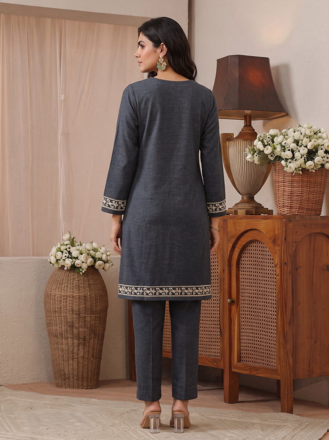 Mameraa Grey Floral Embroidered Woolen Co-Ord Set