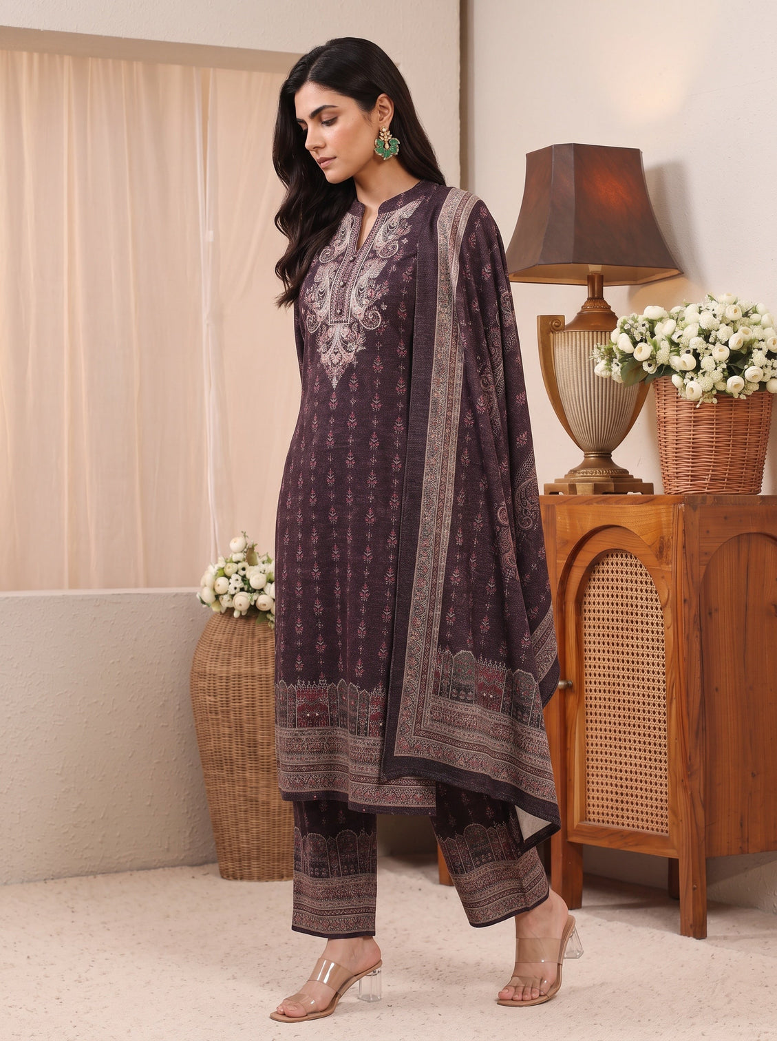 Mameraa Burgundy Ethnic Motif Printed Wool Straight Suit Set