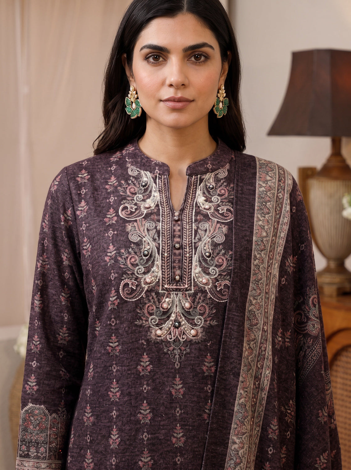 Mameraa Burgundy Ethnic Motif Printed Wool Straight Suit Set