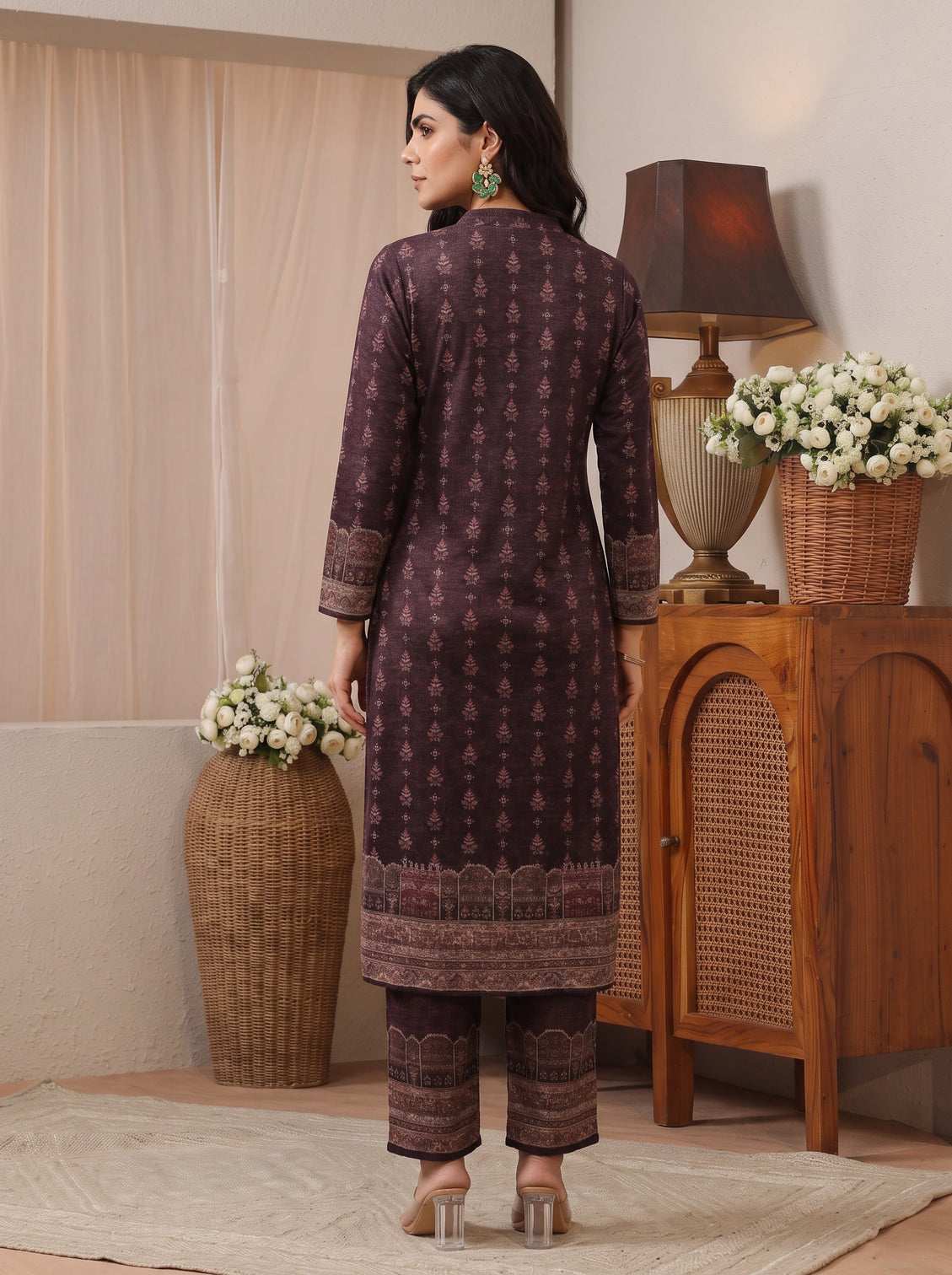 Mameraa Burgundy Ethnic Motif Printed Wool Straight Suit Set