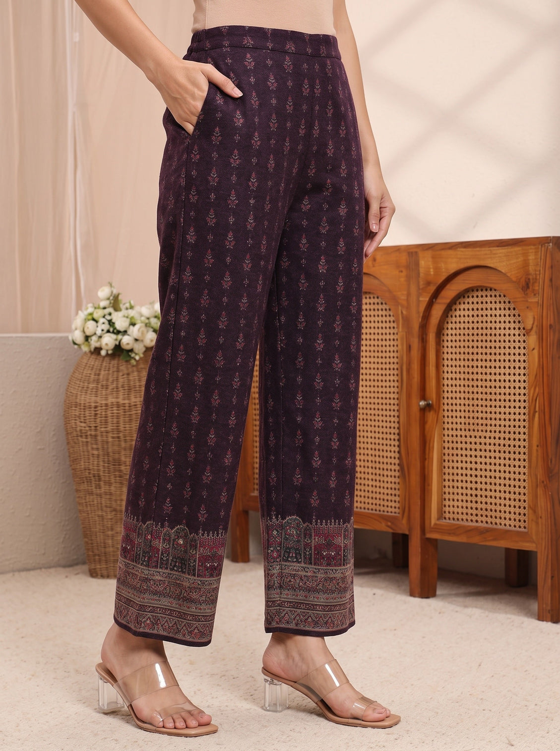 Mameraa Burgundy Ethnic Motif Printed Wool Straight Suit Set