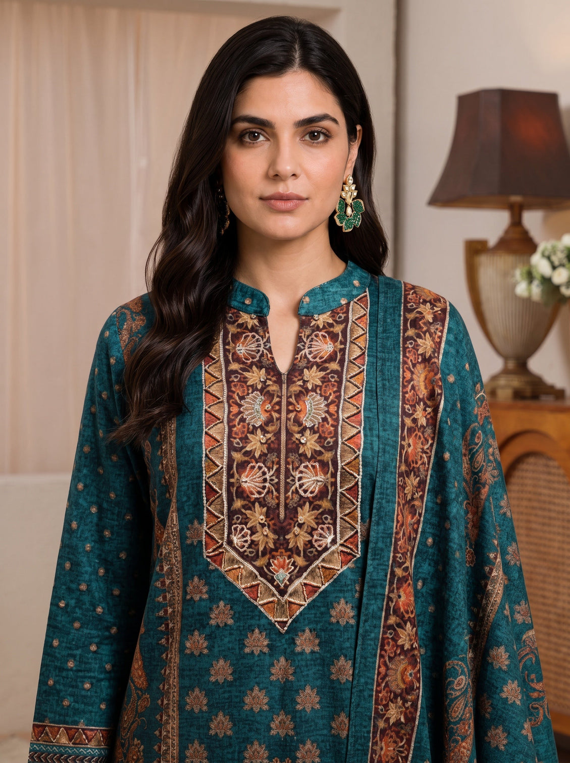 Mameraa Teal Blue Multi Printed Wool Straight Suit Set