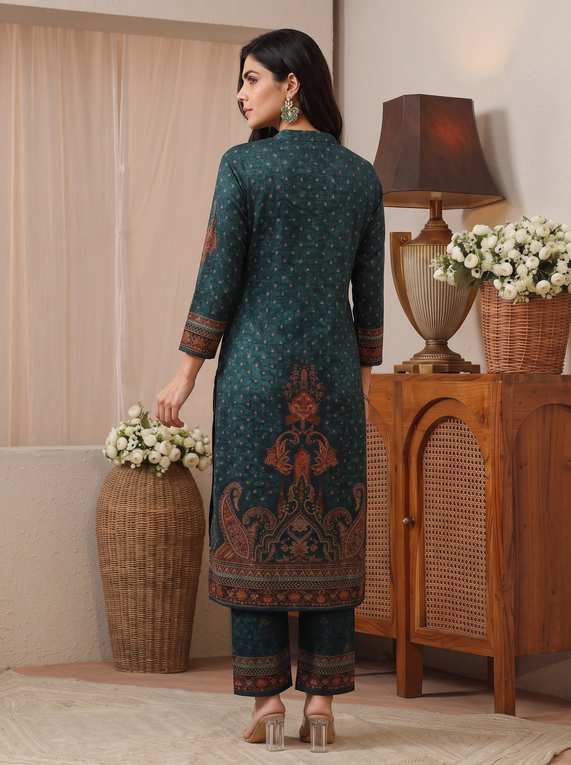 Mameraa Teal Blue Multi Printed Wool Straight Suit Set
