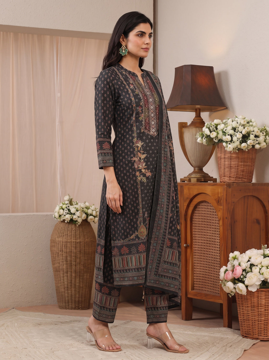 Mameraa Black Ethnic Motif Printed Wool Straight Suit Set