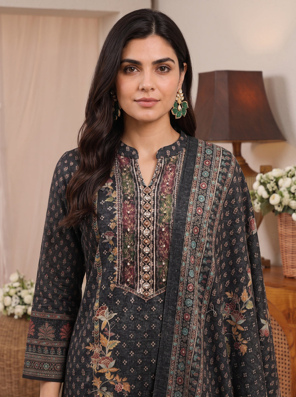 Mameraa Black Ethnic Motif Printed Wool Straight Suit Set