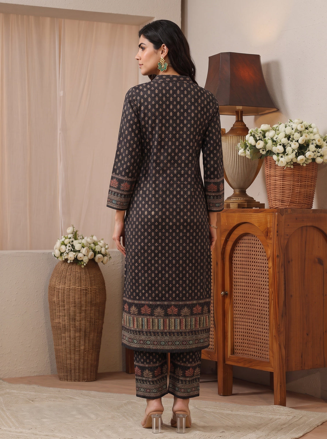 Mameraa Black Ethnic Motif Printed Wool Straight Suit Set