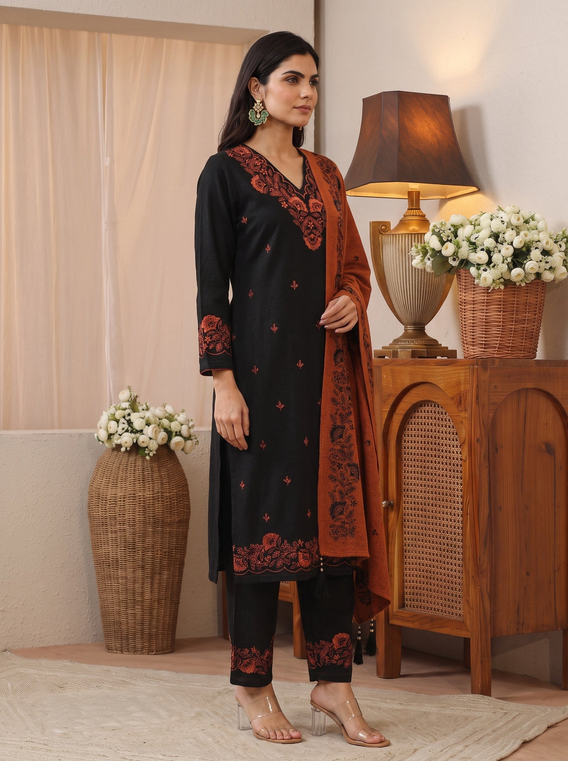 Mameraa Black Floral Embroidered Wool Straight Suit Set