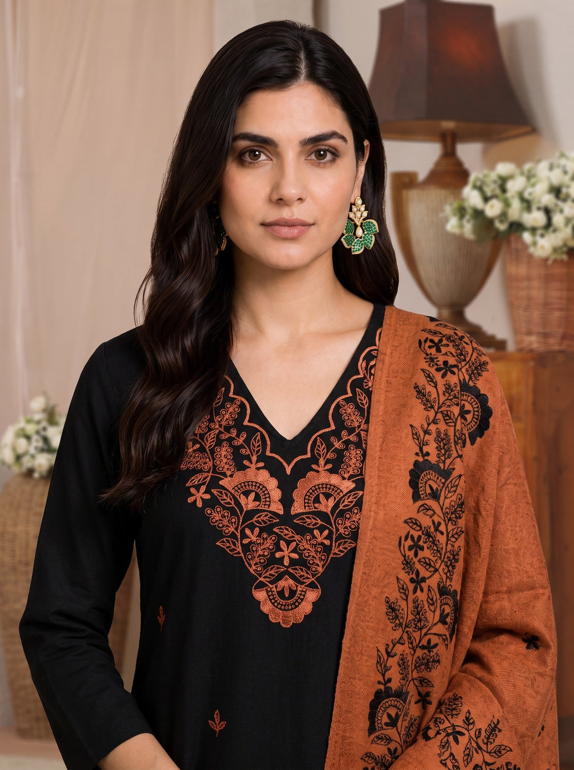 Mameraa Black Floral Embroidered Wool Straight Suit Set