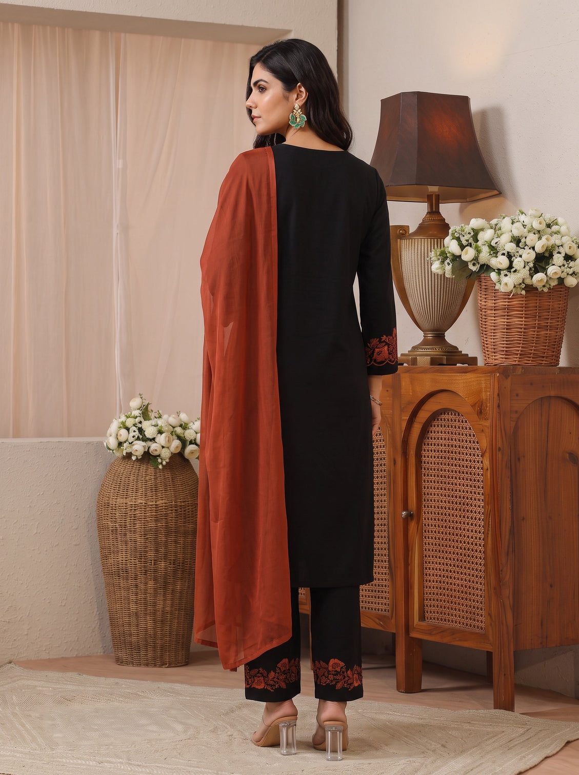 Mameraa Black Floral Embroidered Wool Straight Suit Set