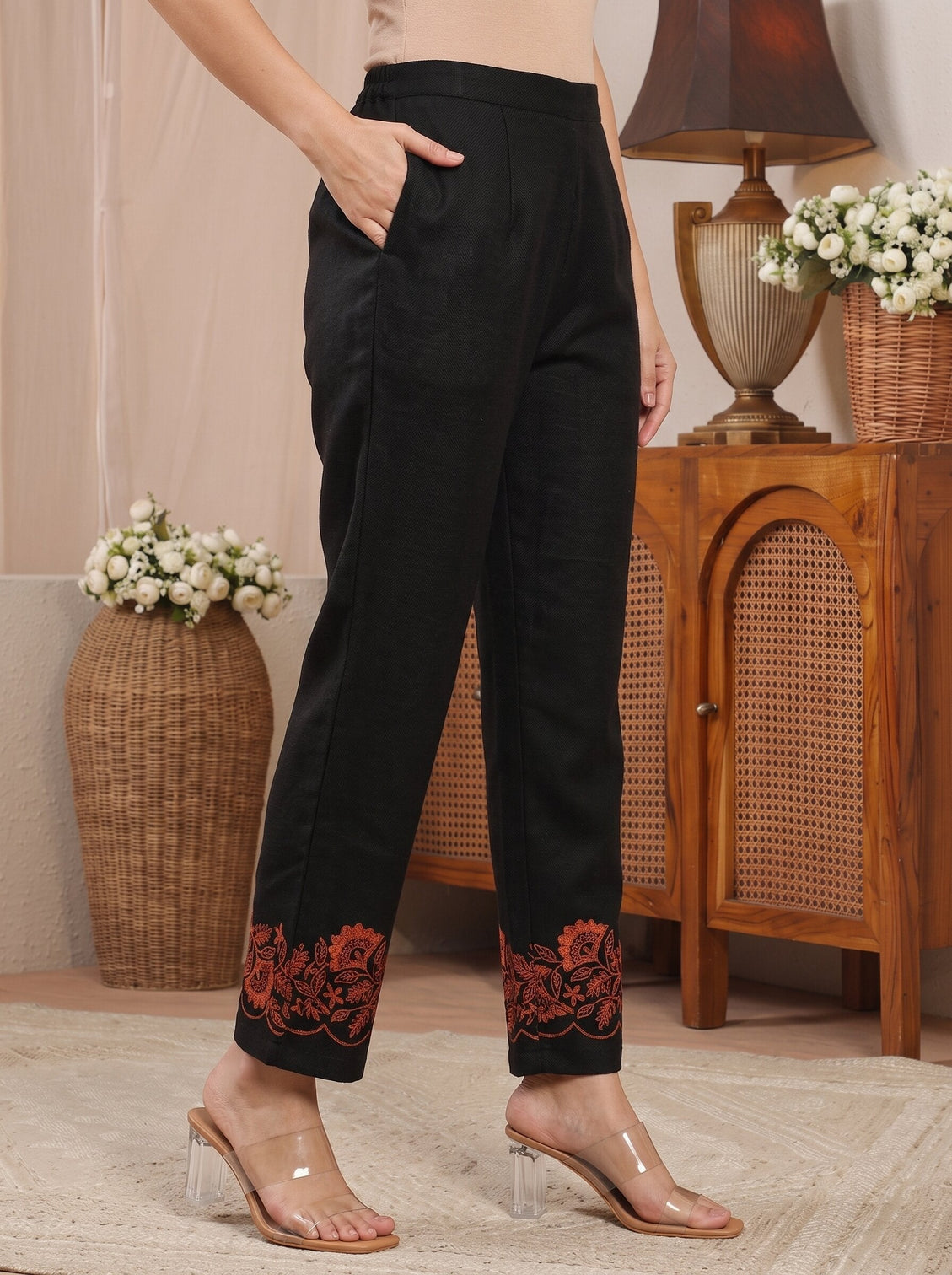 Mameraa Black Floral Embroidered Wool Straight Suit Set