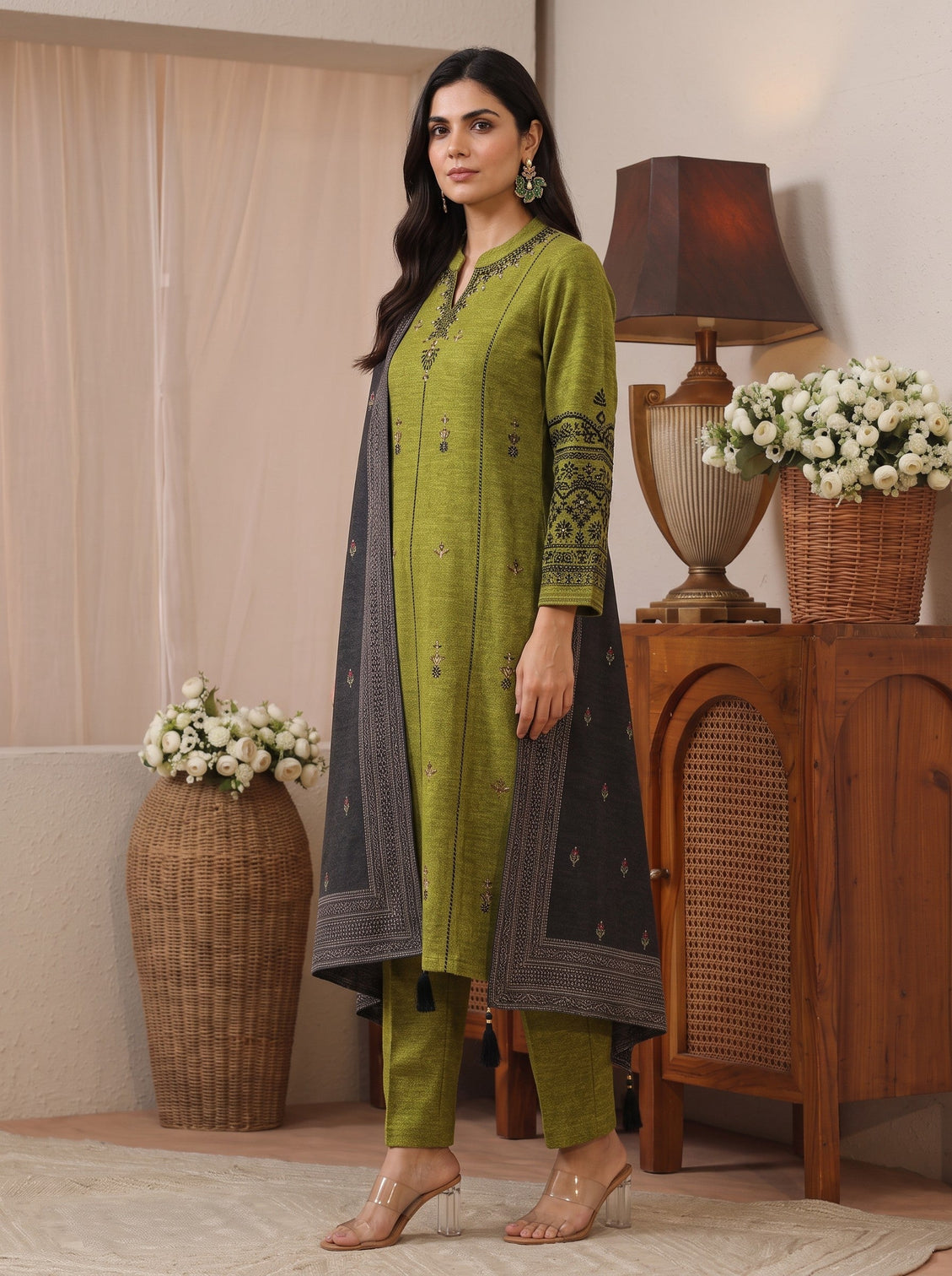 Mameraa Henna Green Floral Embroidered Wool Straight Suit Set