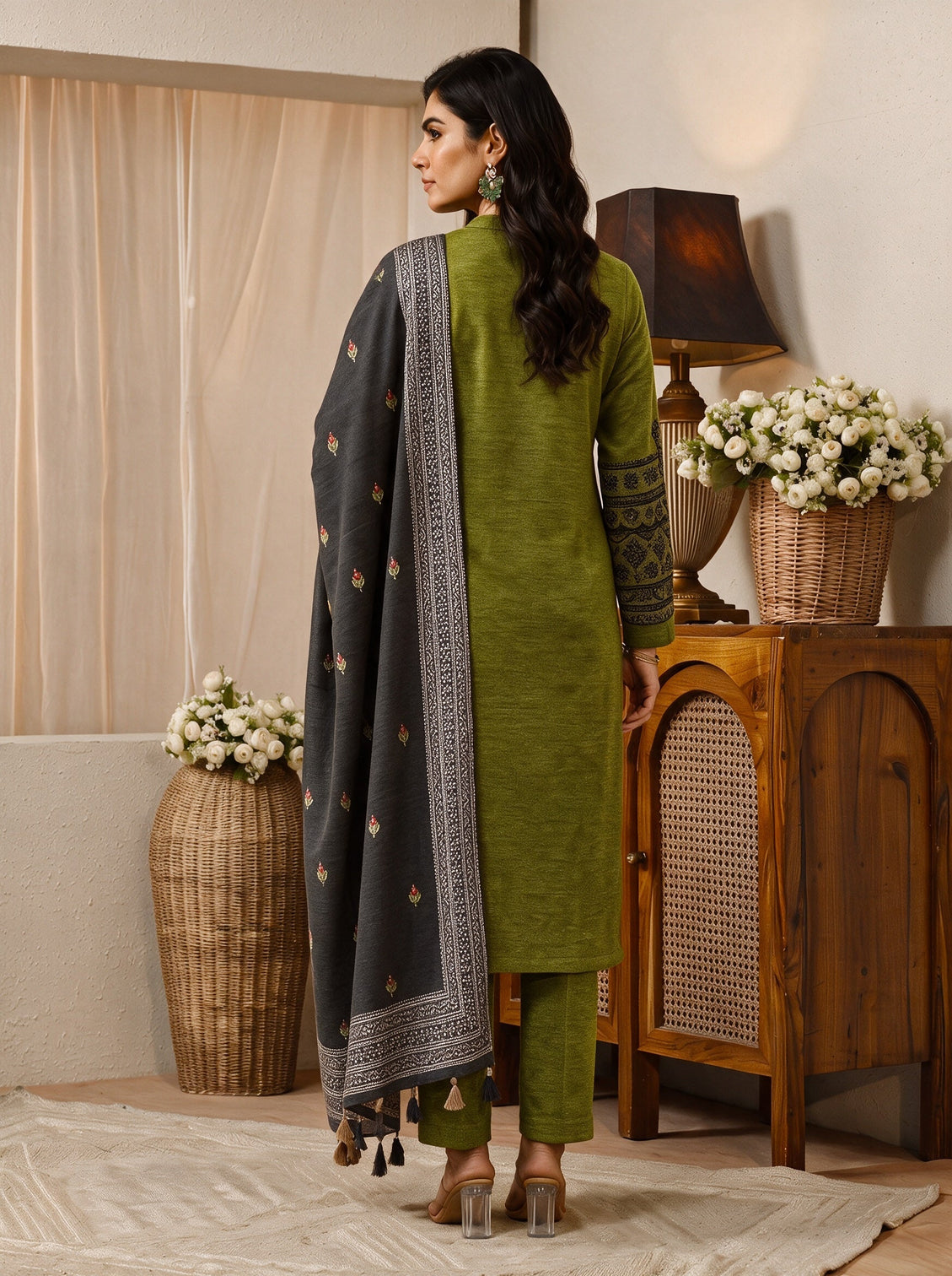 Mameraa Henna Green Floral Embroidered Wool Straight Suit Set
