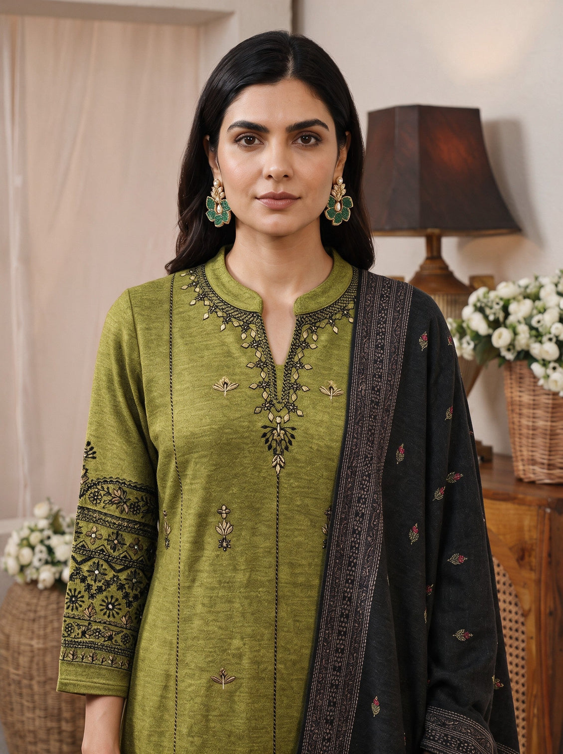 Mameraa Henna Green Floral Embroidered Wool Straight Suit Set