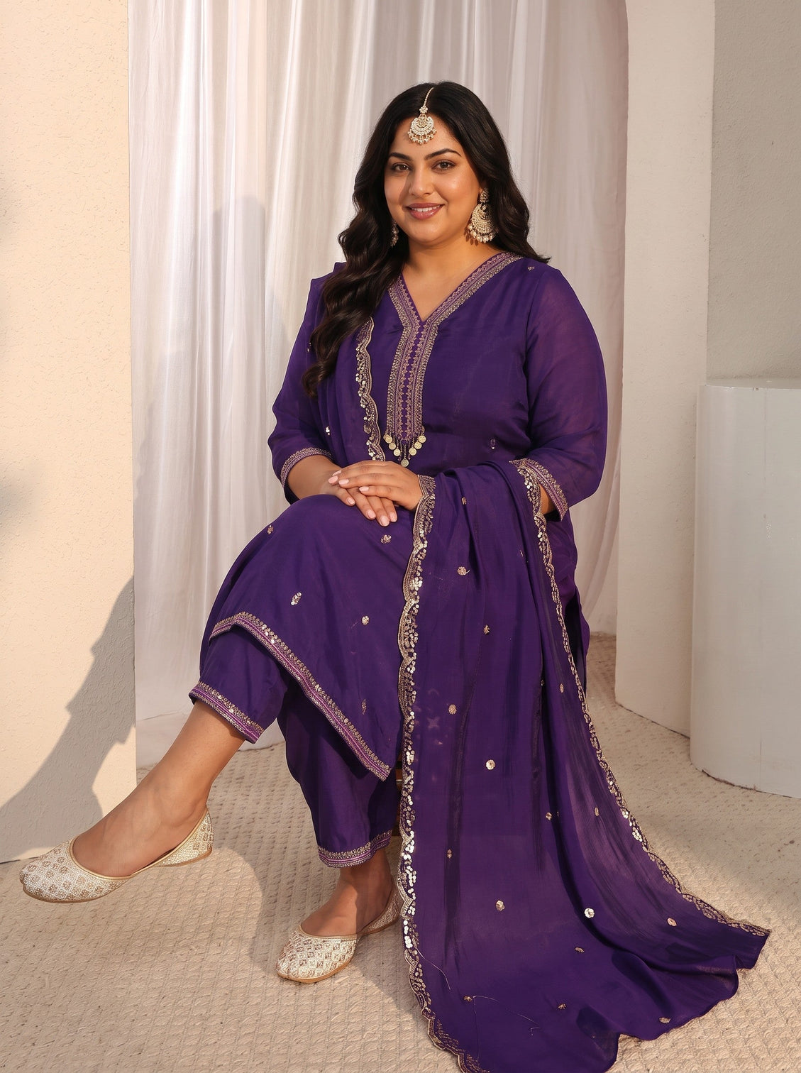Plus Size Purple Embroidered Chanderi Silk Straight Suit Set With Dupatta