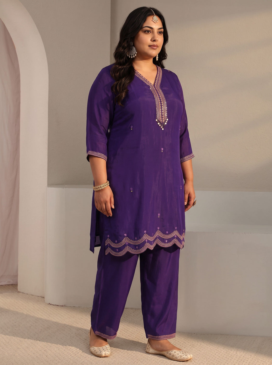 Plus Size Purple Embroidered Chanderi Silk Straight Suit Set With Dupatta