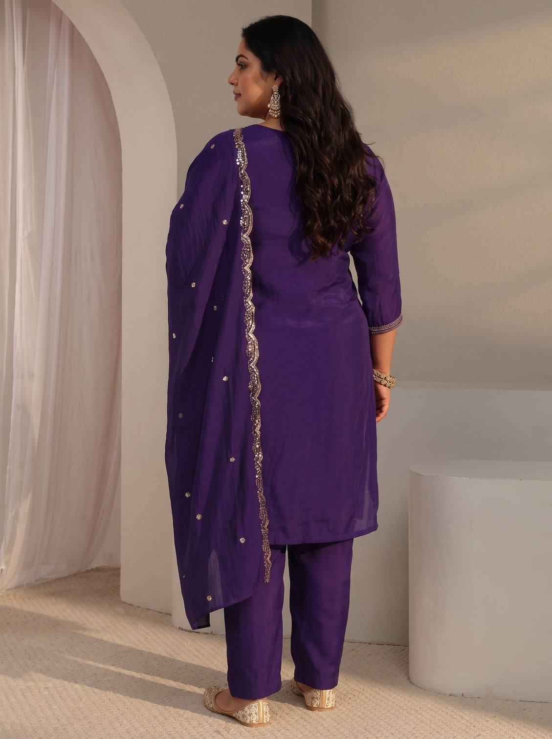 Plus Size Purple Embroidered Chanderi Silk Straight Suit Set With Dupatta