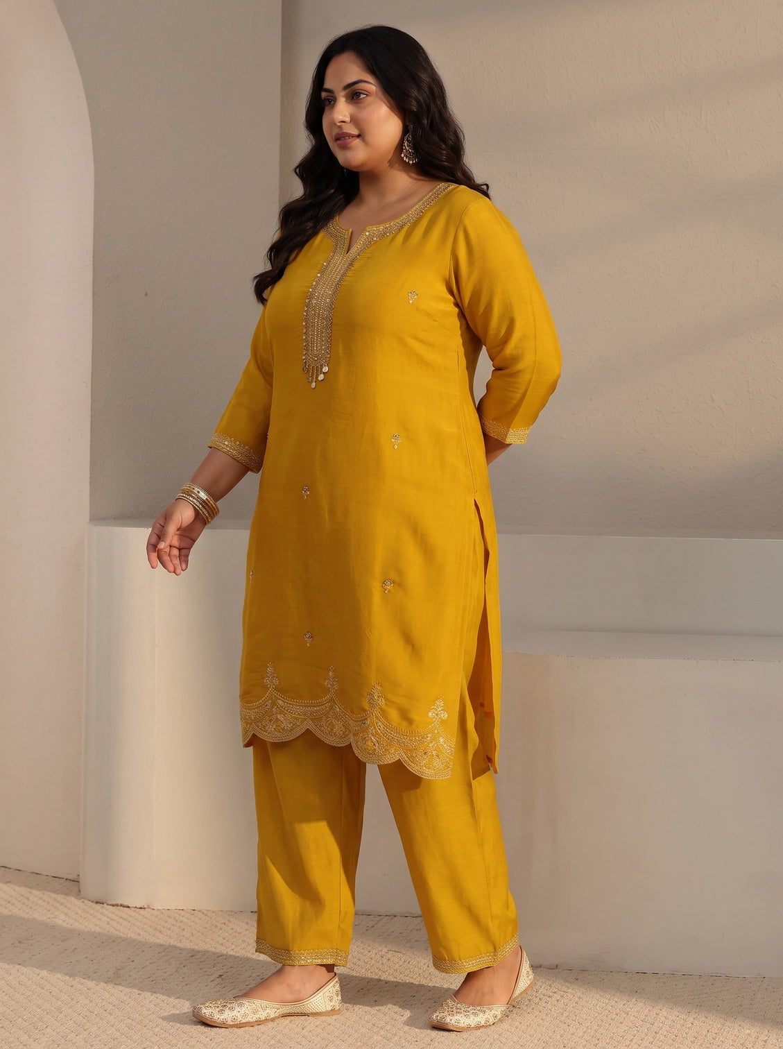 Plus Size Yellow Embellished Chanderi Silk Straight Suit Set With Dupatta
