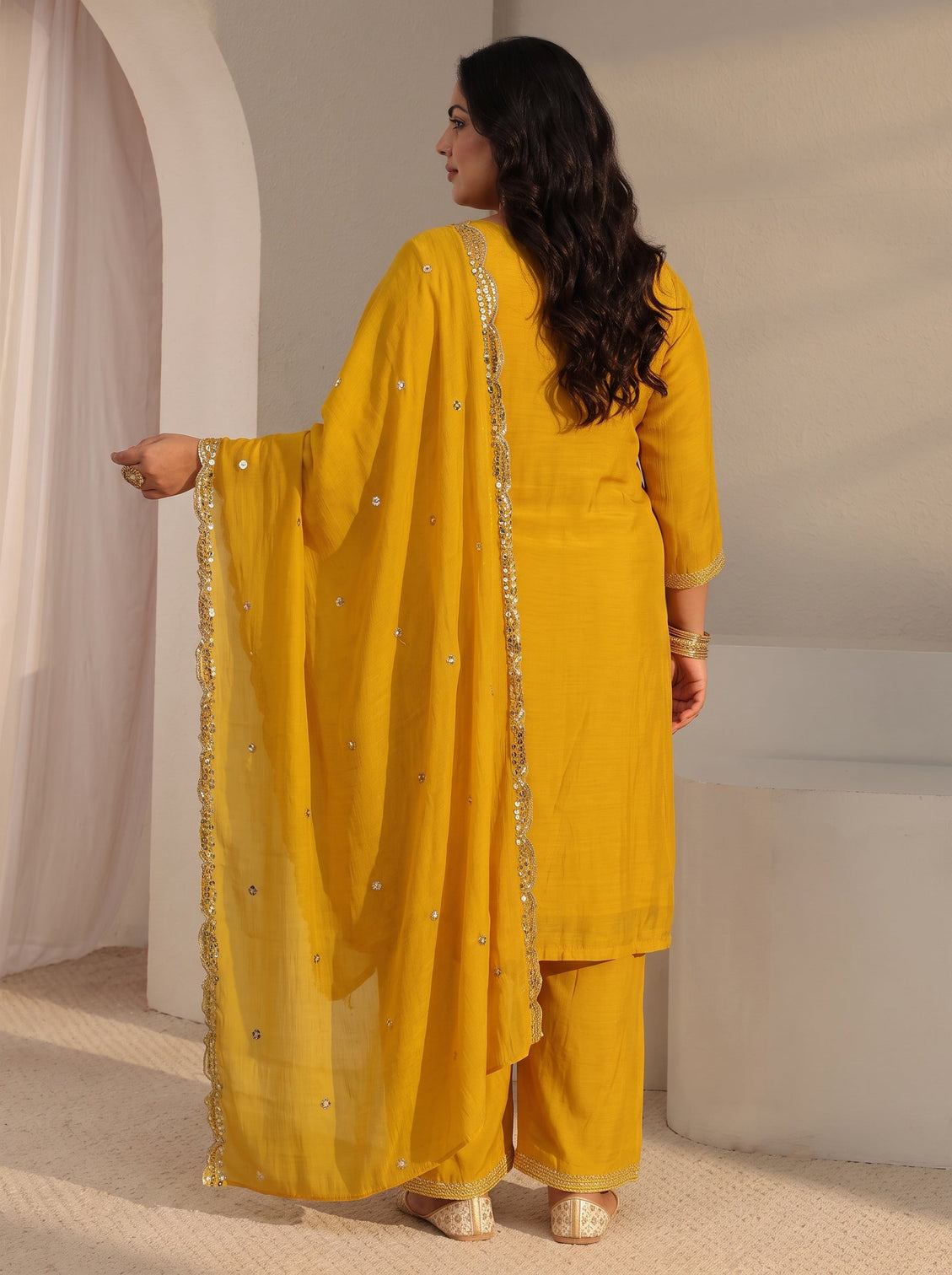 Plus Size Yellow Embellished Chanderi Silk Straight Suit Set With Dupatta
