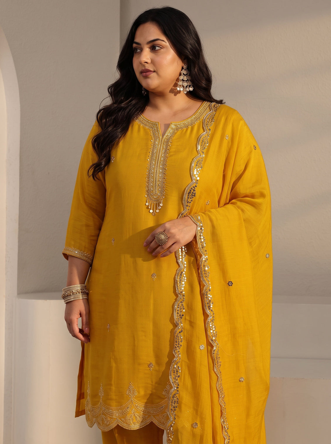 Plus Size Yellow Embellished Chanderi Silk Straight Suit Set With Dupatta