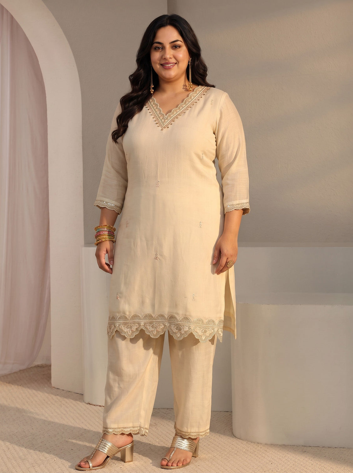 Plus Size Off White Embellished Chanderi Silk Straight Suit Set With Dupatta