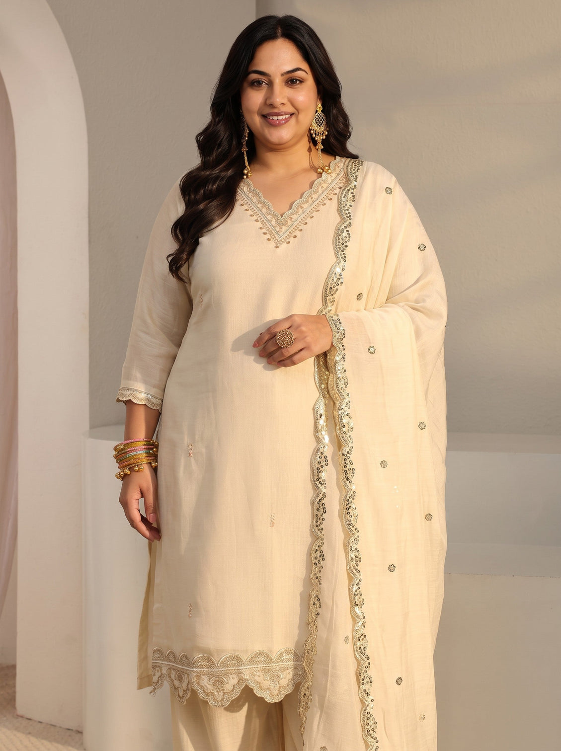 Plus Size Off White Embellished Chanderi Silk Straight Suit Set With Dupatta