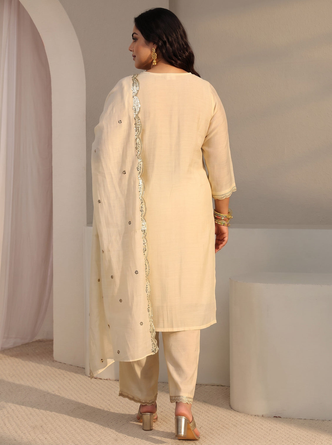 Plus Size Off White Embellished Chanderi Silk Straight Suit Set With Dupatta