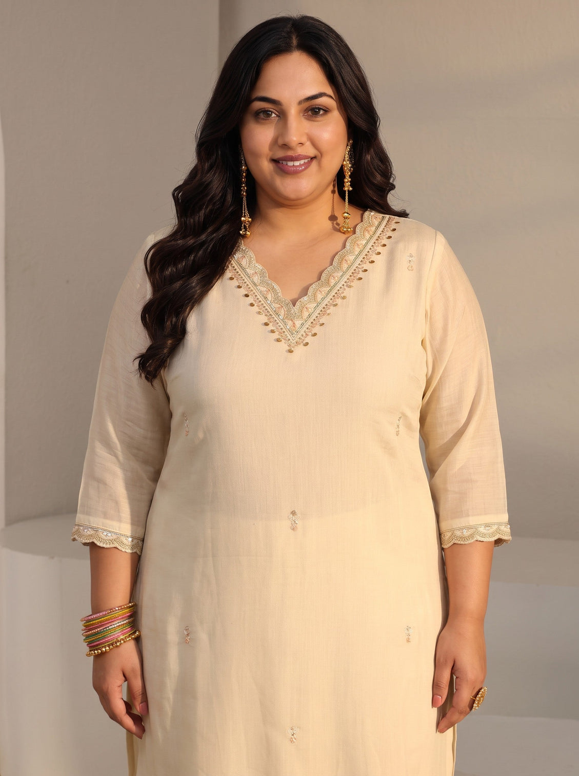 Plus Size Off White Embellished Chanderi Silk Straight Suit Set With Dupatta