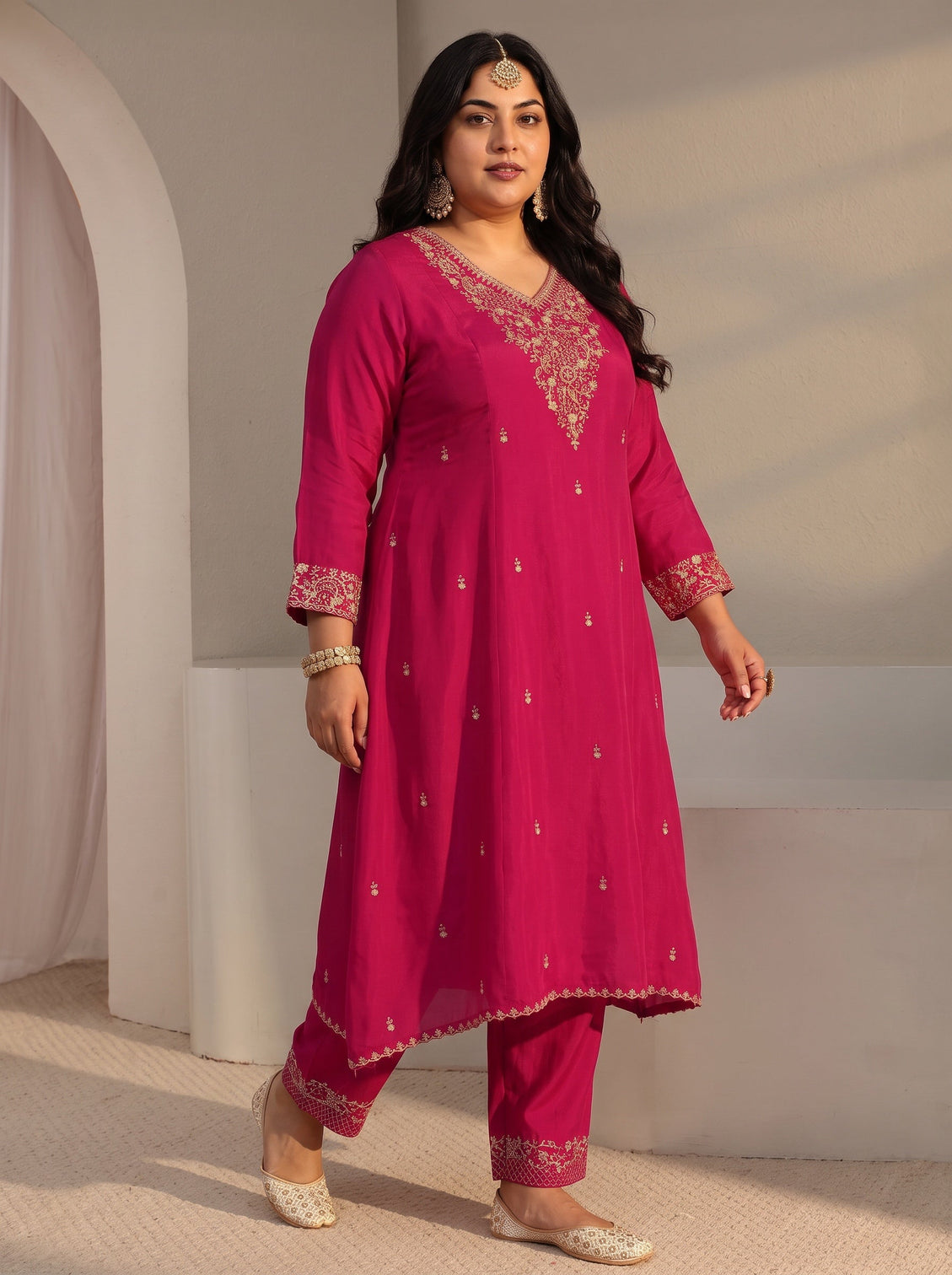 Plus Size Pink Embroidered Chanderi Silk A-Line Suit Set With Dupatta