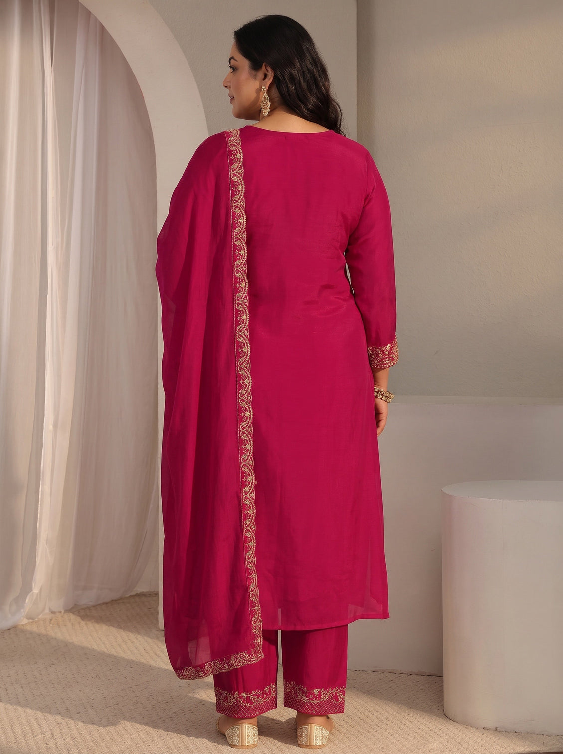 Plus Size Pink Embroidered Chanderi Silk A-Line Suit Set With Dupatta
