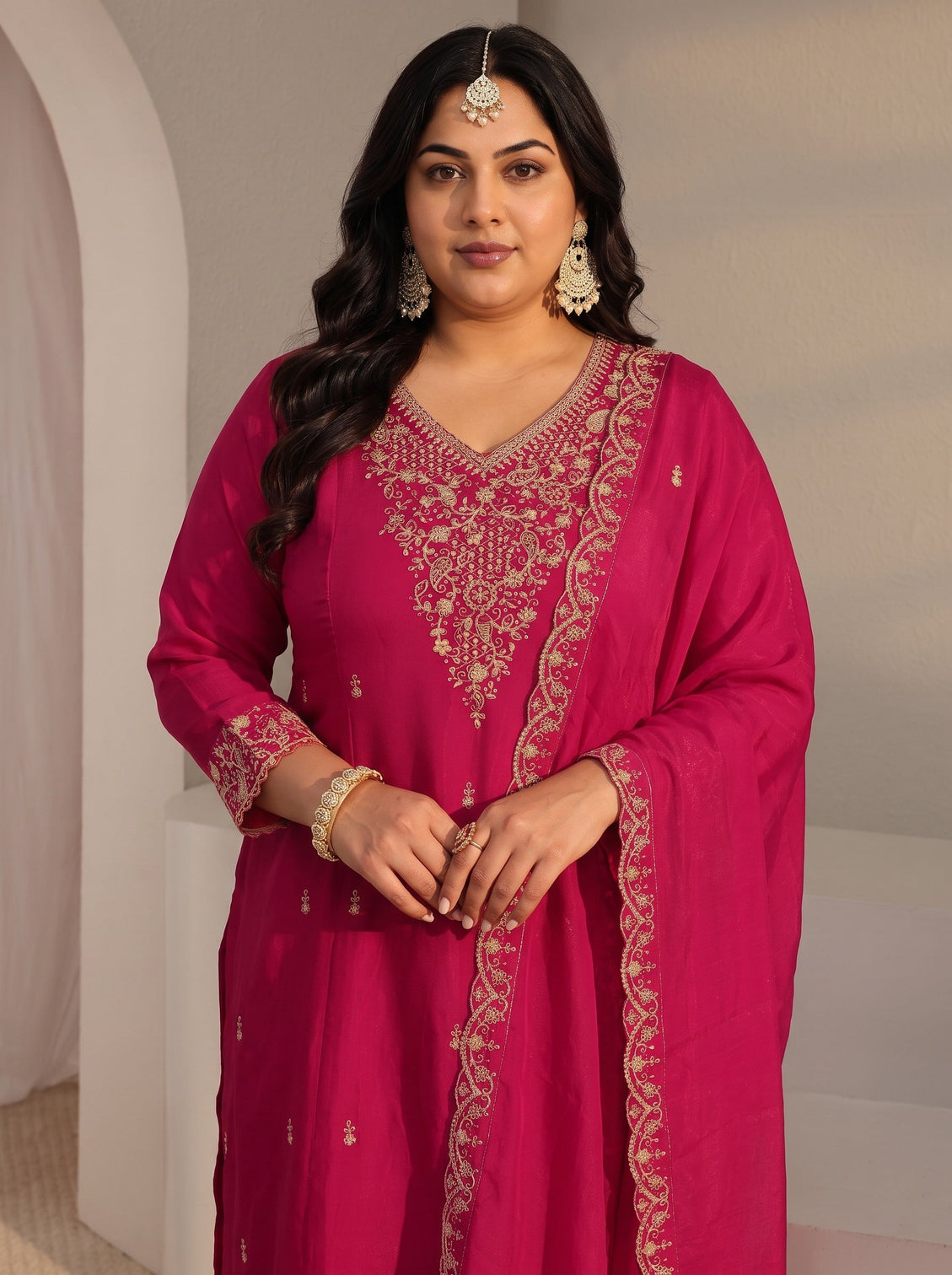 Plus Size Pink Embroidered Chanderi Silk A-Line Suit Set With Dupatta