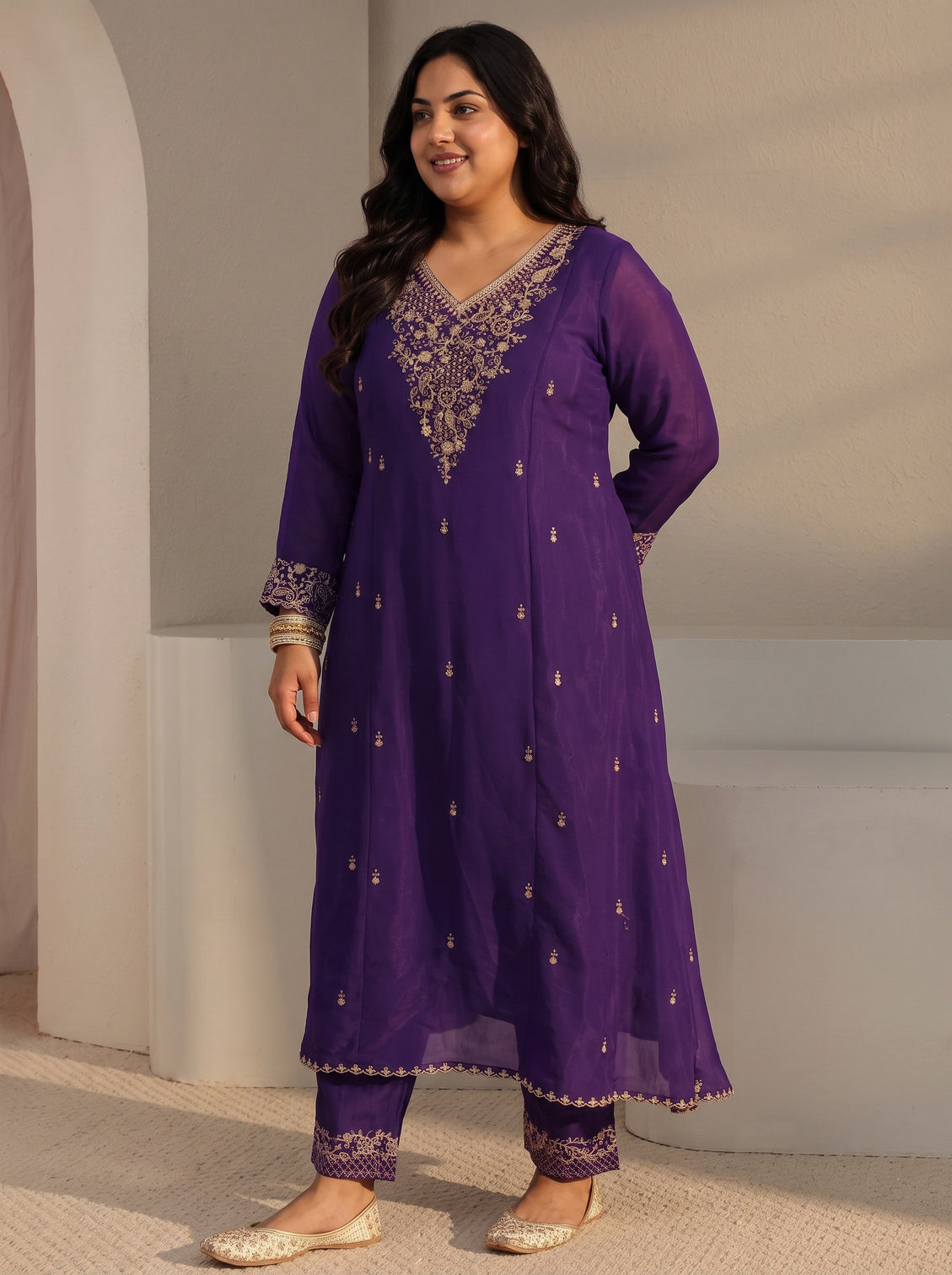 Plus Size Purple Embroidered Chanderi Silk A-Line Suit Set With Dupatta