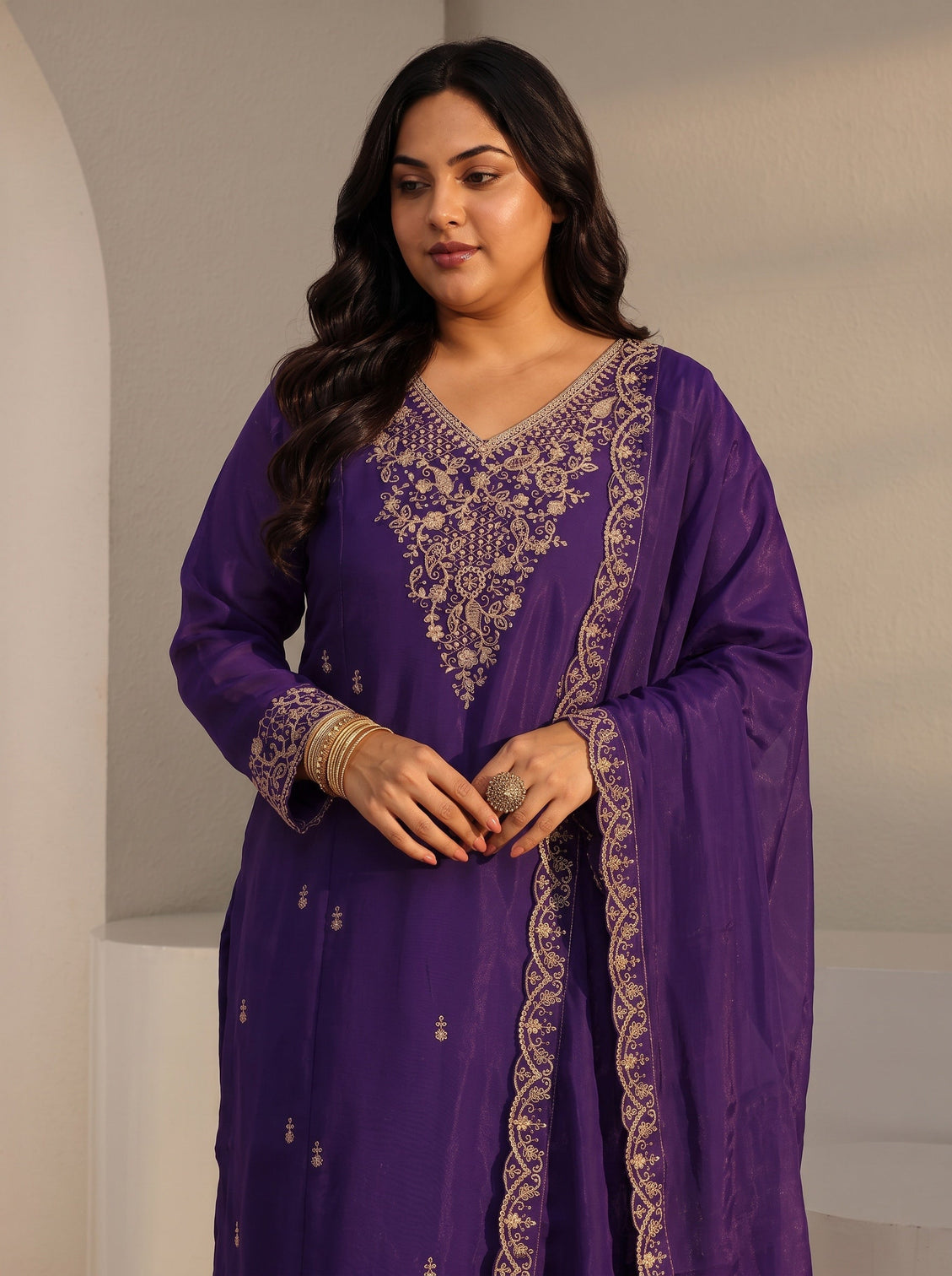 Plus Size Purple Embroidered Chanderi Silk A-Line Suit Set With Dupatta