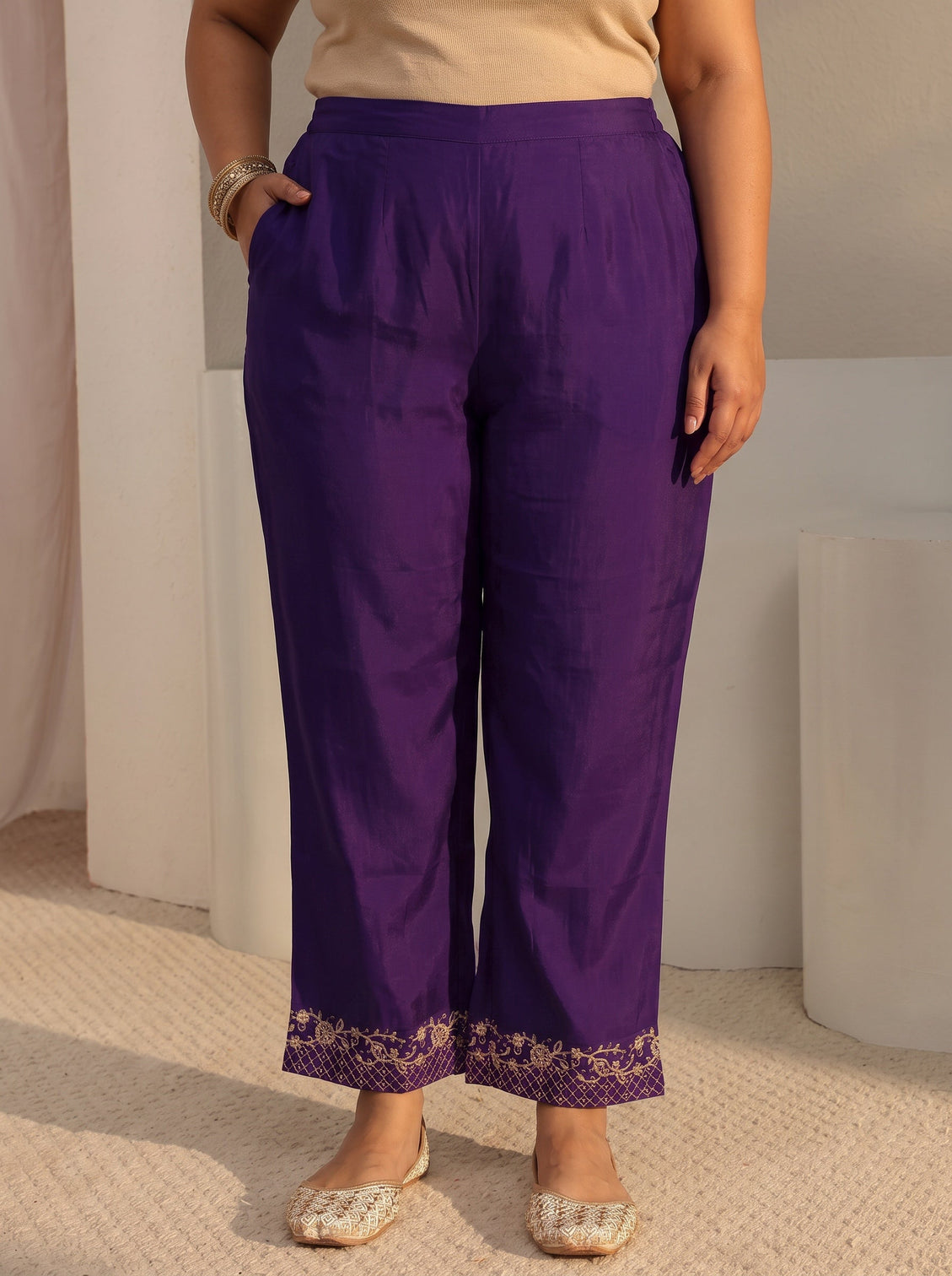 Plus Size Purple Embroidered Chanderi Silk A-Line Suit Set With Dupatta