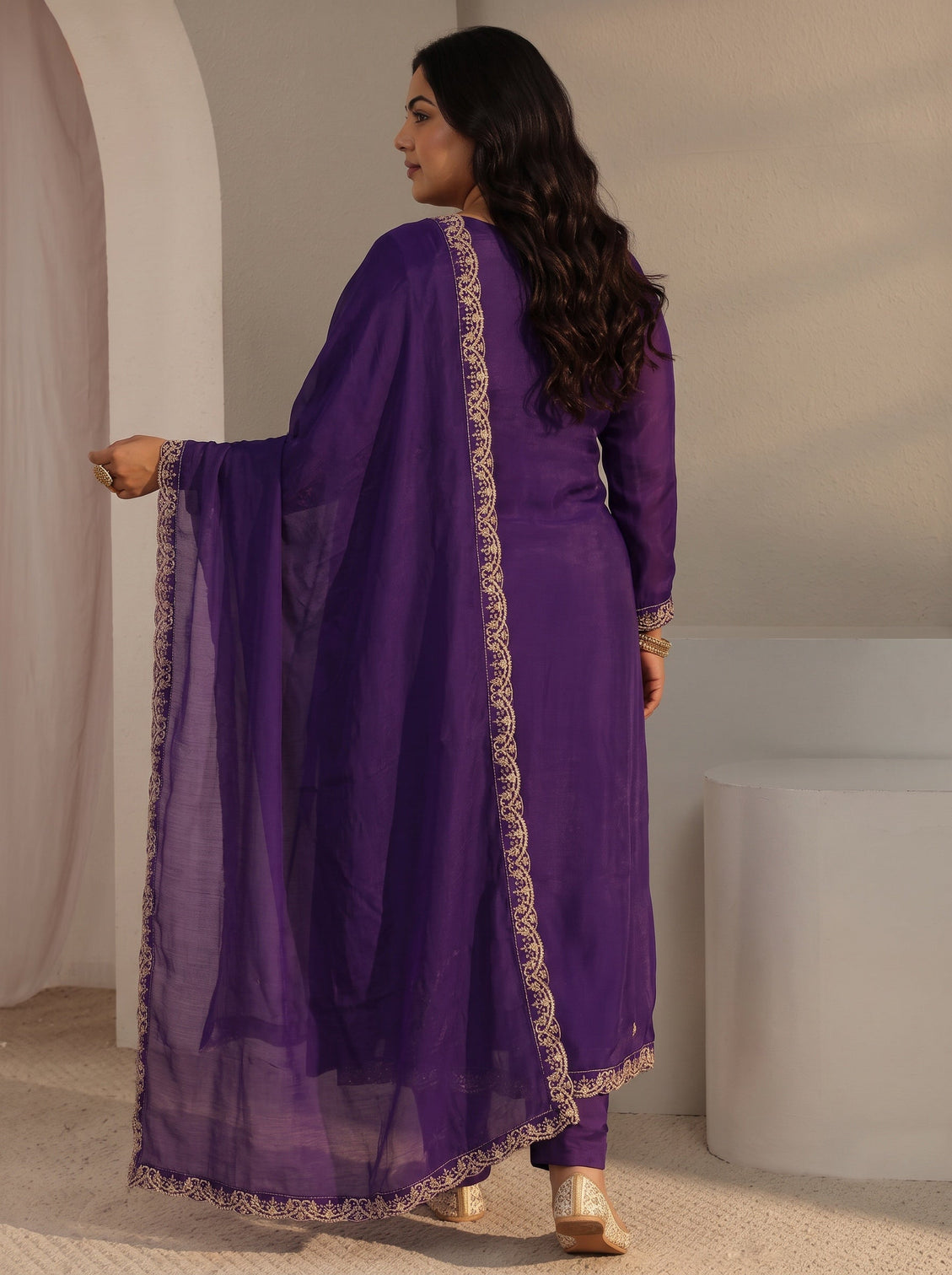 Plus Size Purple Embroidered Chanderi Silk A-Line Suit Set With Dupatta