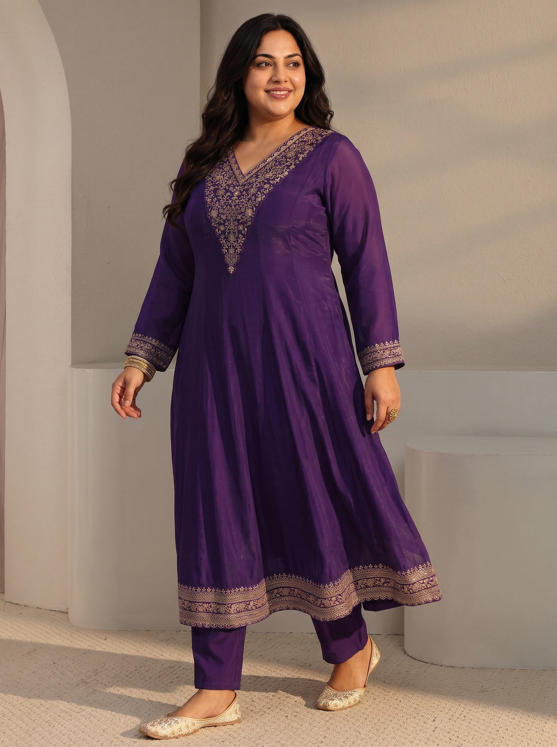 Plus Size Purple Floral Embroidered Chanderi Silk A-Line Suit Set With Dupatta