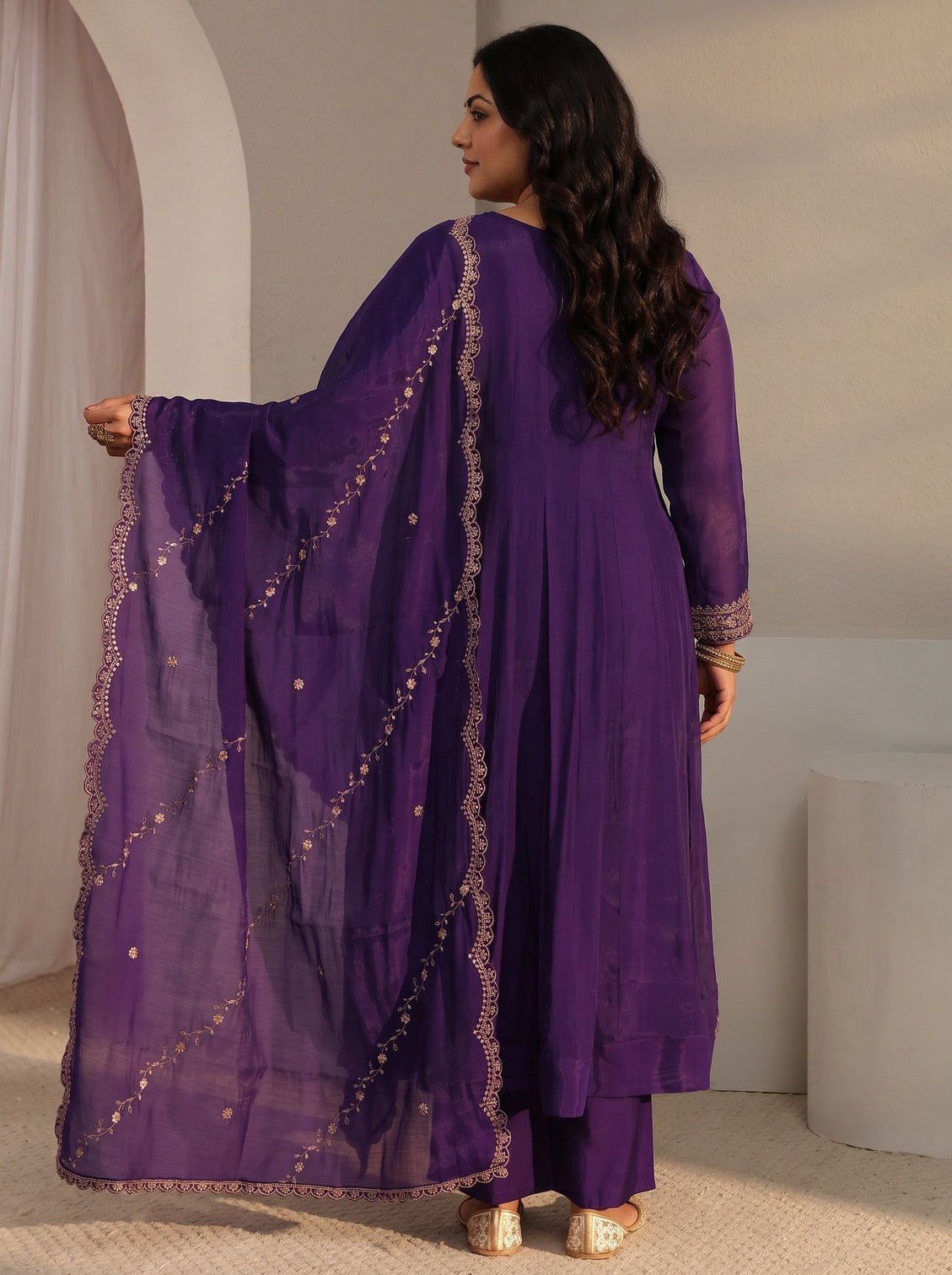 Plus Size Purple Floral Embroidered Chanderi Silk A-Line Suit Set With Dupatta