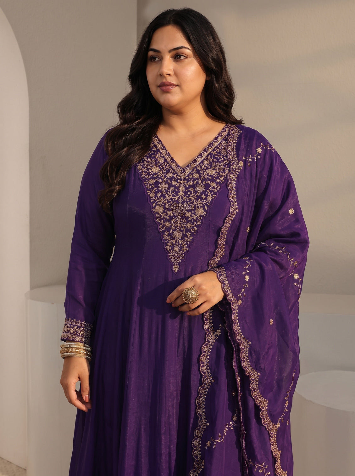 Plus Size Purple Floral Embroidered Chanderi Silk A-Line Suit Set With Dupatta