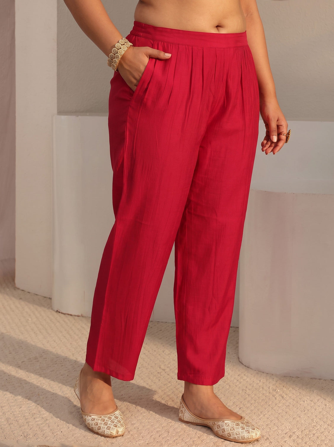 Plus Size Red Embroidered Chanderi Silk A-Line Suit Set With Dupatta