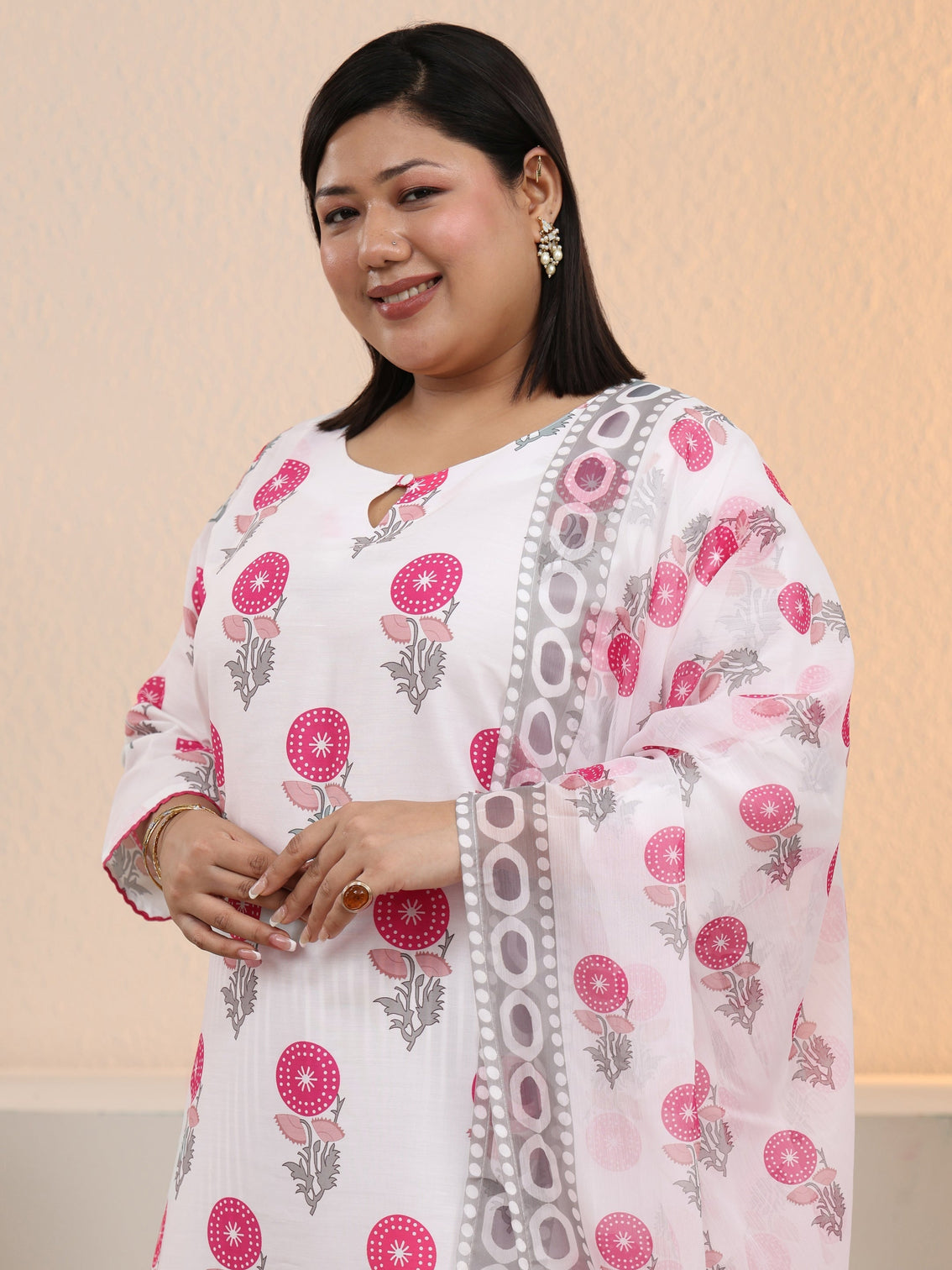 Plus Size White Floral Printed Cotton Blend Straight Suit Set With Dupatta