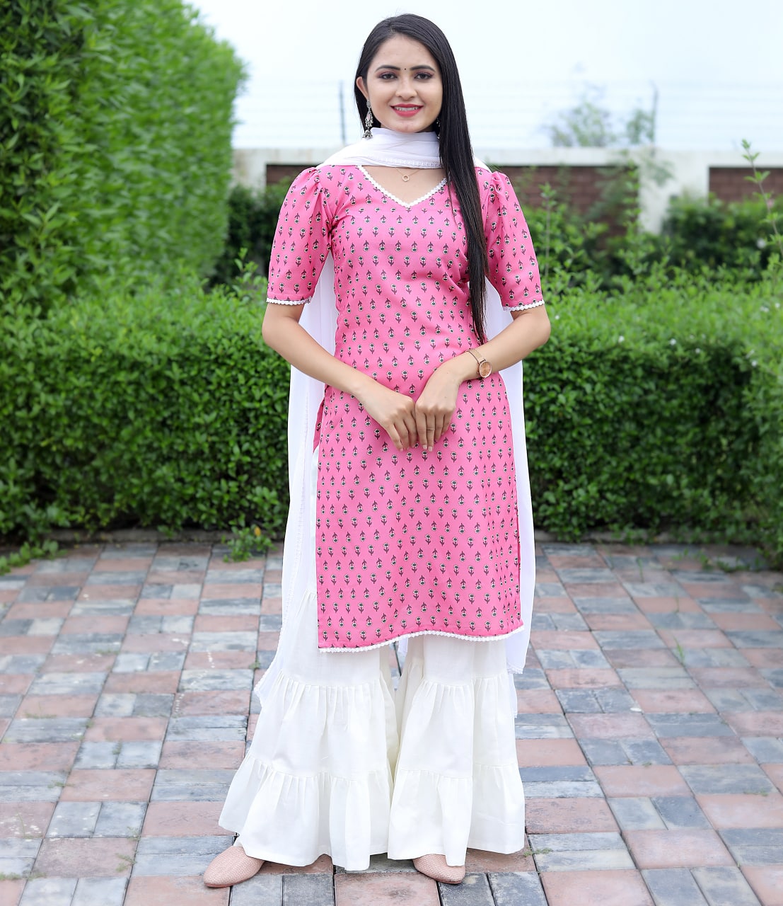 Sharara Set in Pink Cotton with Printed Design