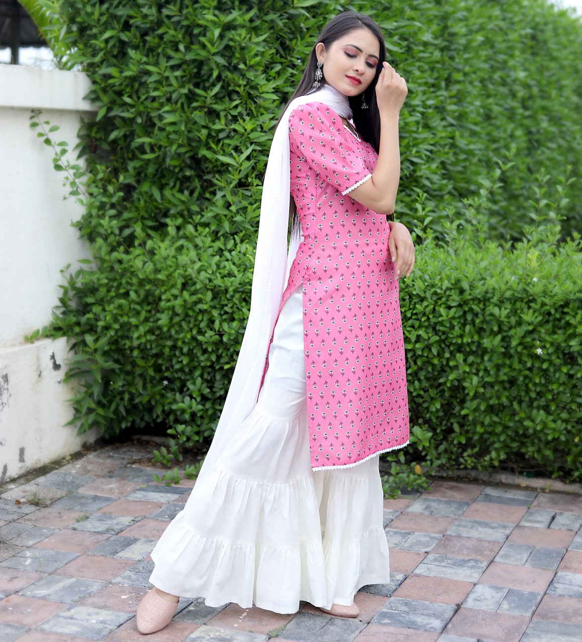Sharara Set in Pink Cotton with Printed Design