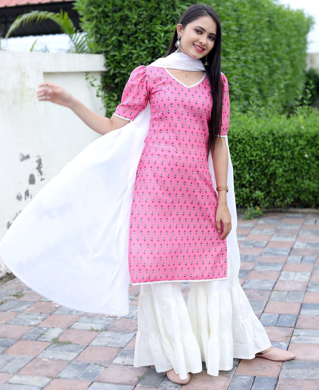 Sharara Set in Pink Cotton with Printed Design