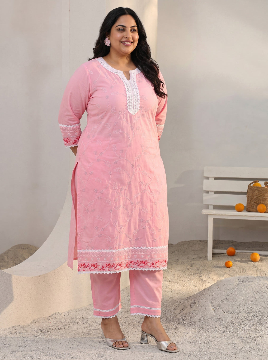 Plus Size Pink Floral Embroidered Cotton Straight Suit Set With Dupatta