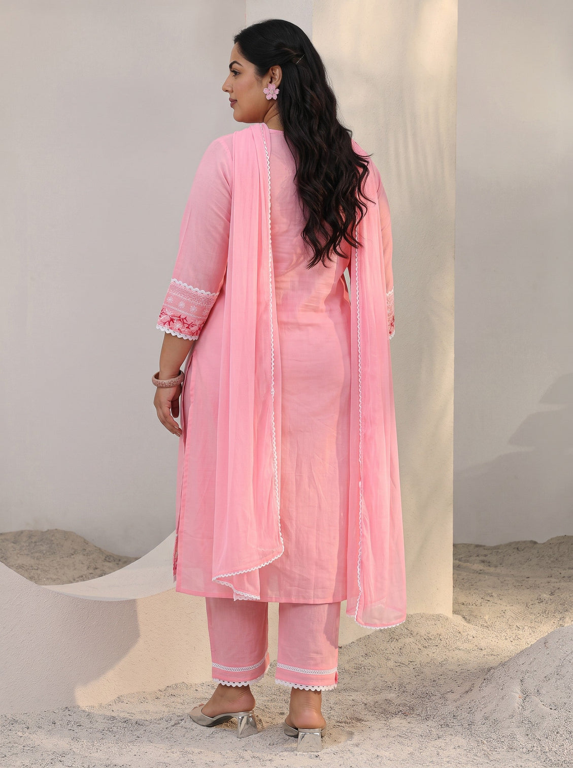 Plus Size Pink Floral Embroidered Cotton Straight Suit Set With Dupatta