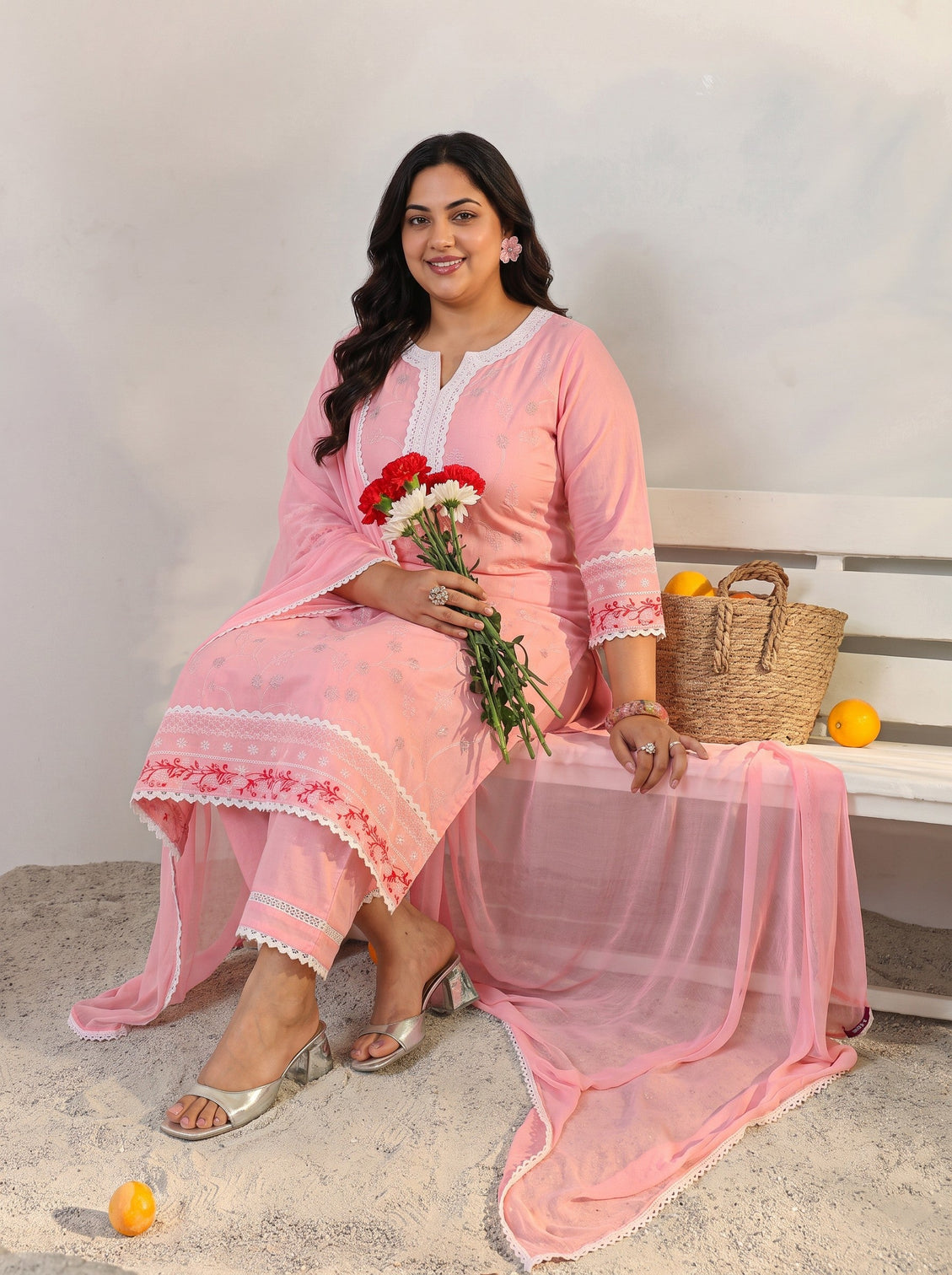 Plus Size Pink Floral Embroidered Cotton Straight Suit Set With Dupatta