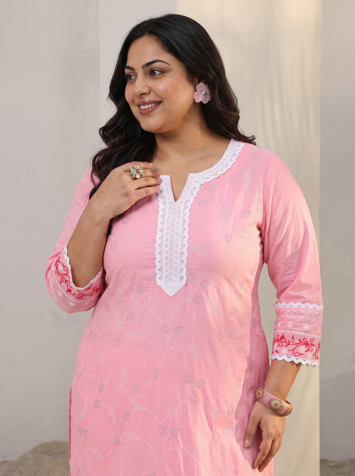 Plus Size Pink Floral Embroidered Cotton Straight Suit Set With Dupatta