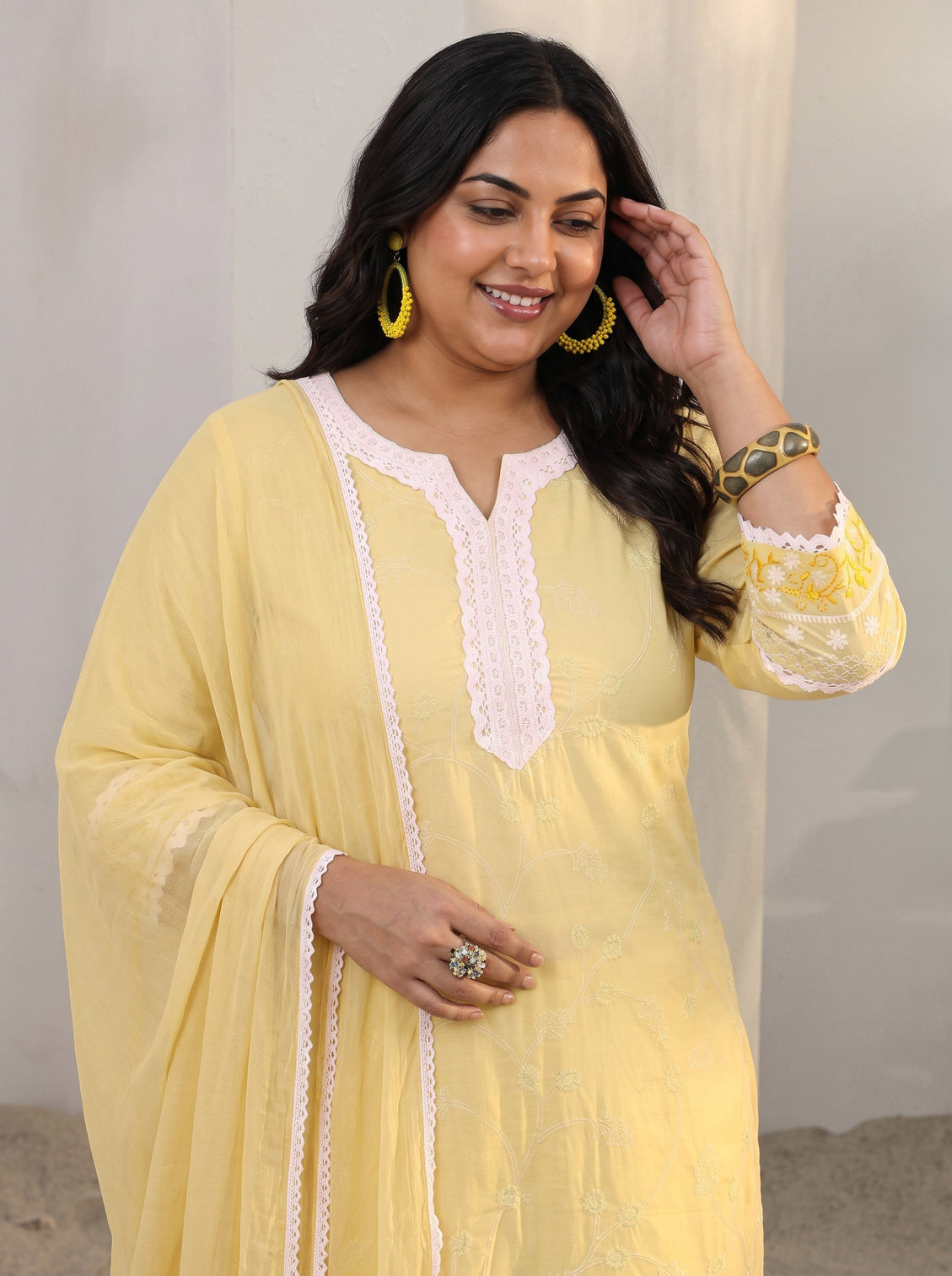 Plus Size Yellow Floral Embroidered Cotton Straight Suit Set With Dupatta