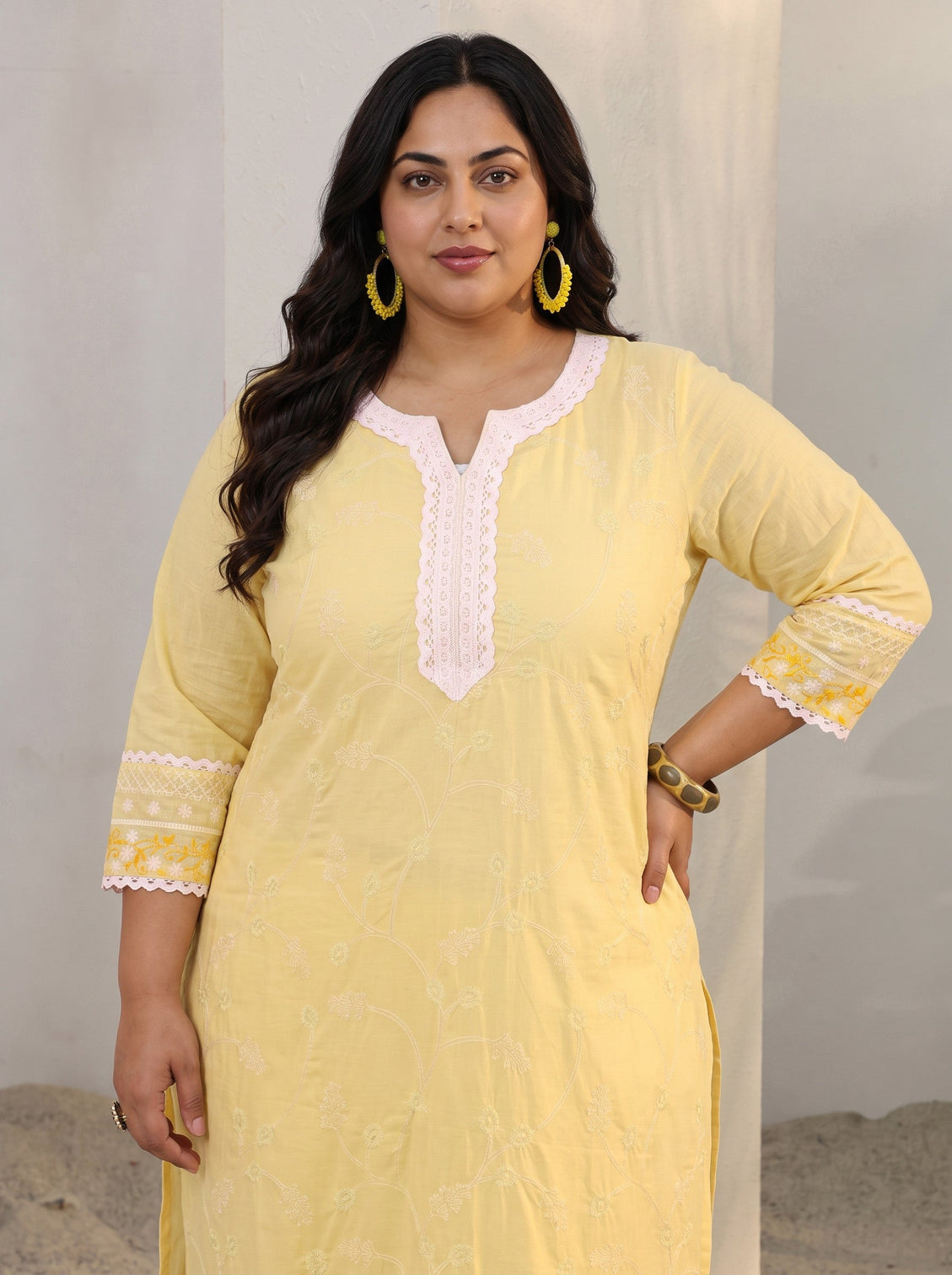 Plus Size Yellow Floral Embroidered Cotton Straight Suit Set With Dupatta