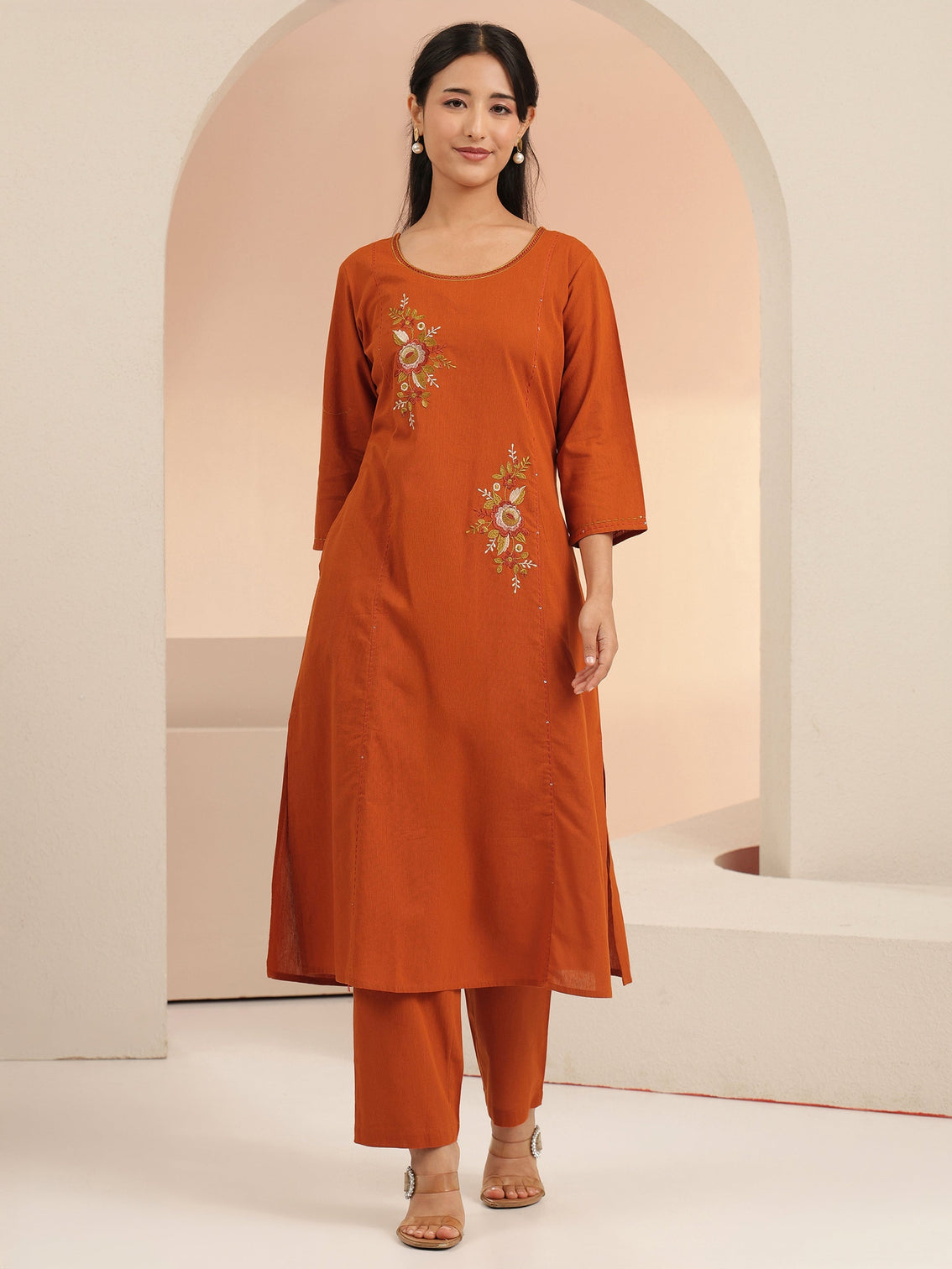 Mameraa Rust Floral Embroidered Cotton Co-Ord Set