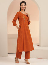 Libas Rust Floral Embroidered Cotton Co-Ord Set
